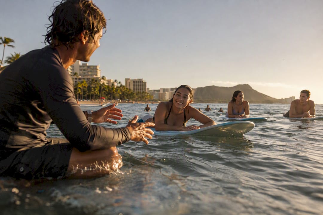 Instructor coaching beginner surfers in Waikiki