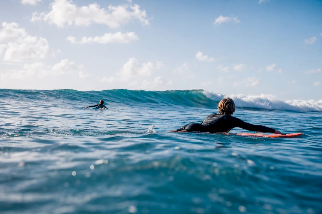 Two surfers watching a surf break wave