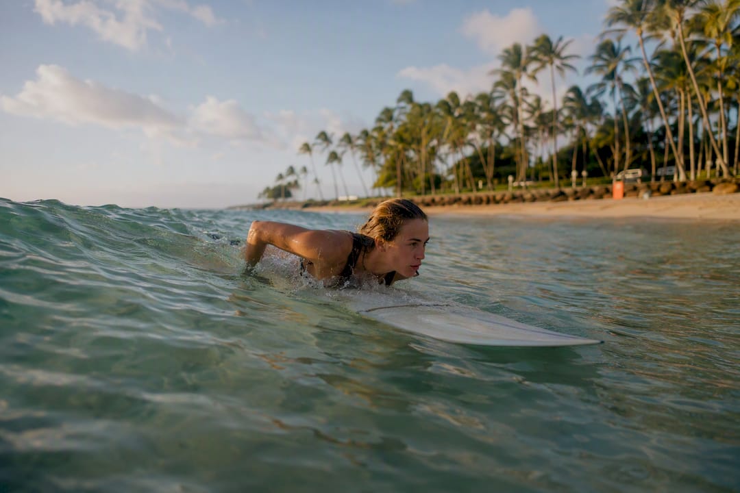 Beginner surfer executing duck dive in small wave