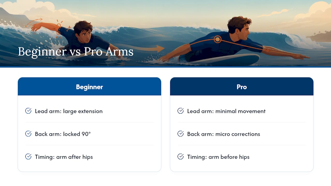 Diagram comparing beginner and pro surfer arm positioning and timing