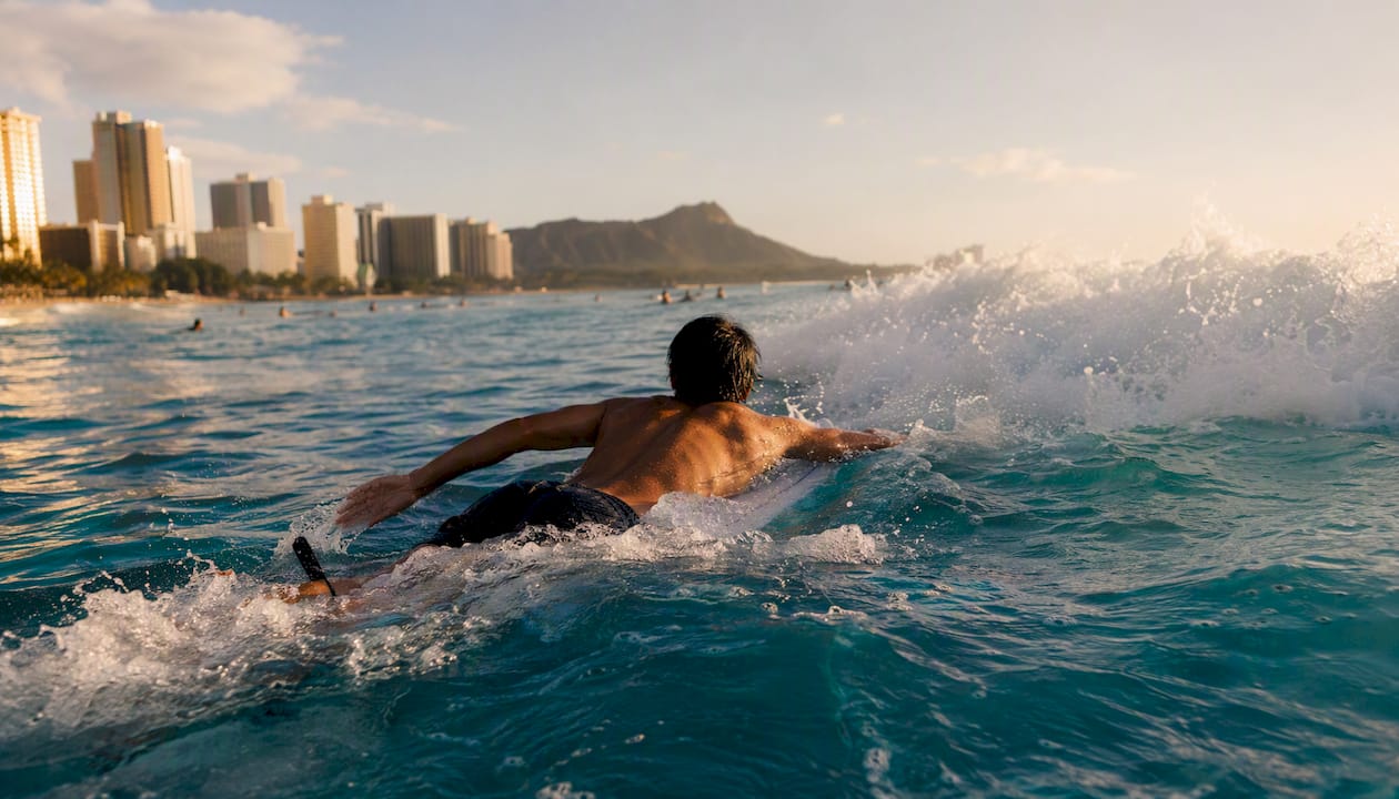 Surfer paddling away to avoid collision in lineup
