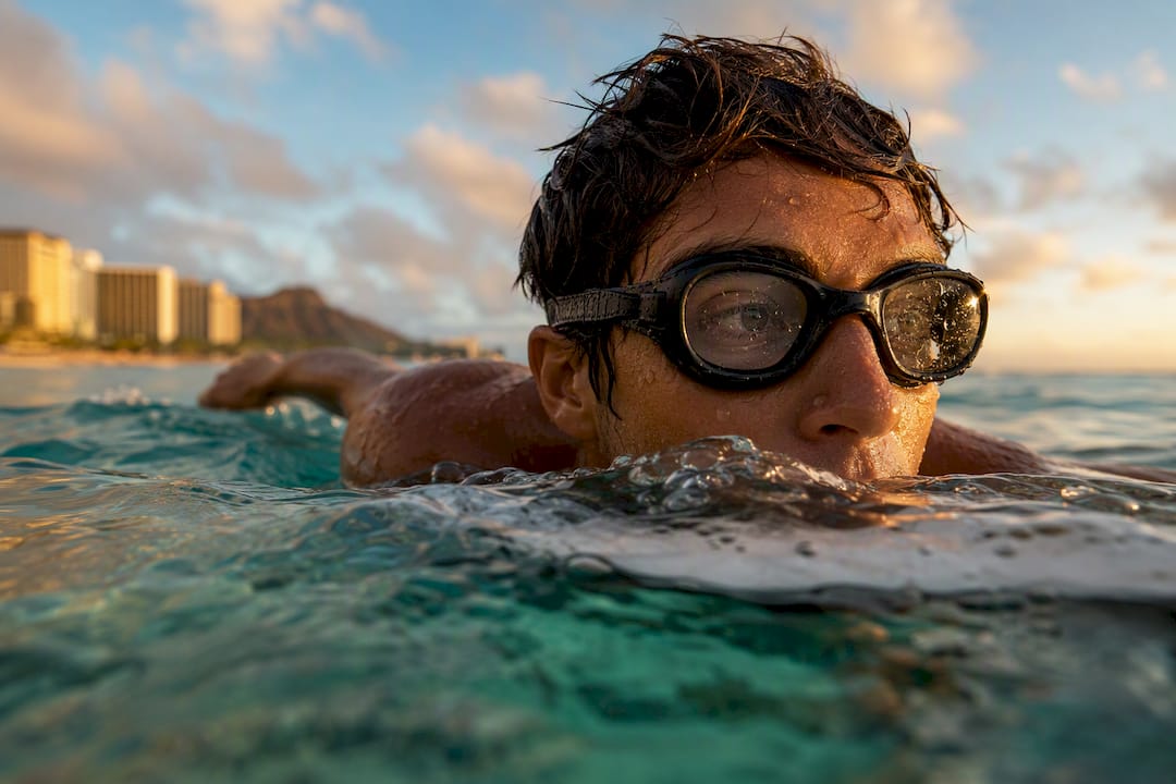 Surfer paddling with prescription surf goggles in ocean