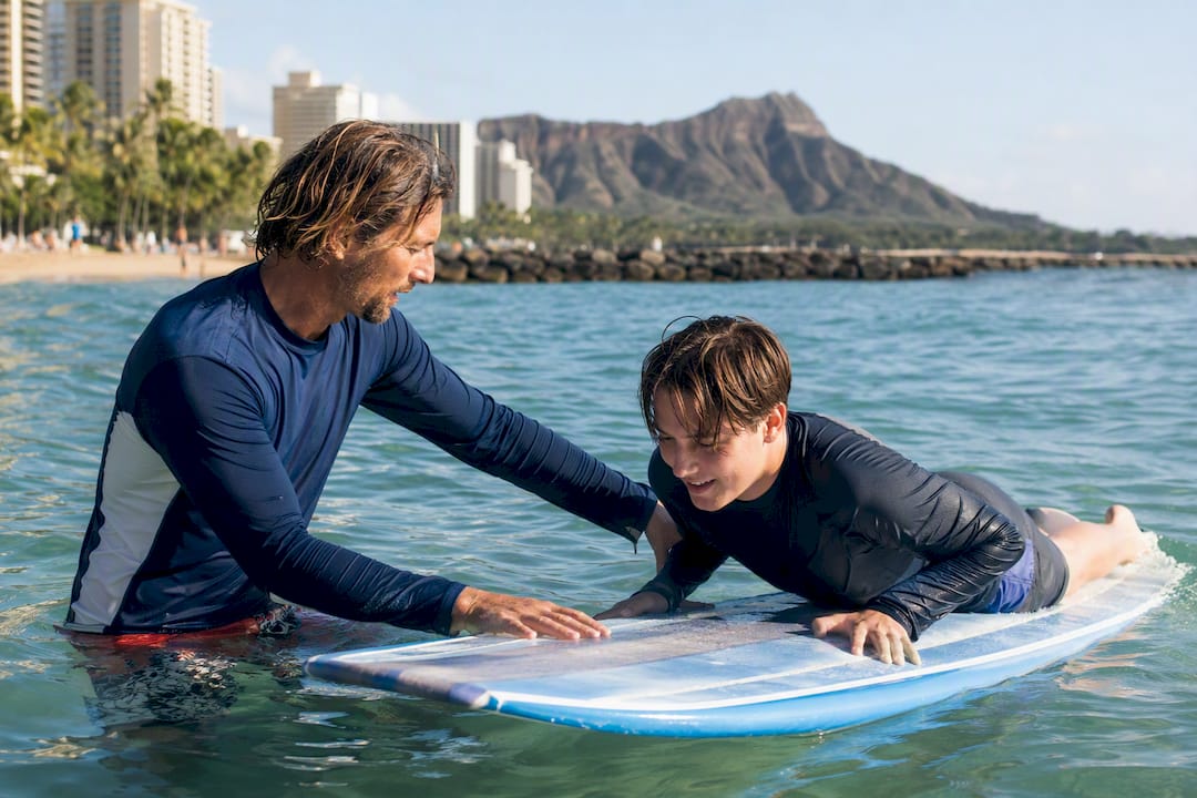 Instructor assisting beginner surfer in Waikiki waves