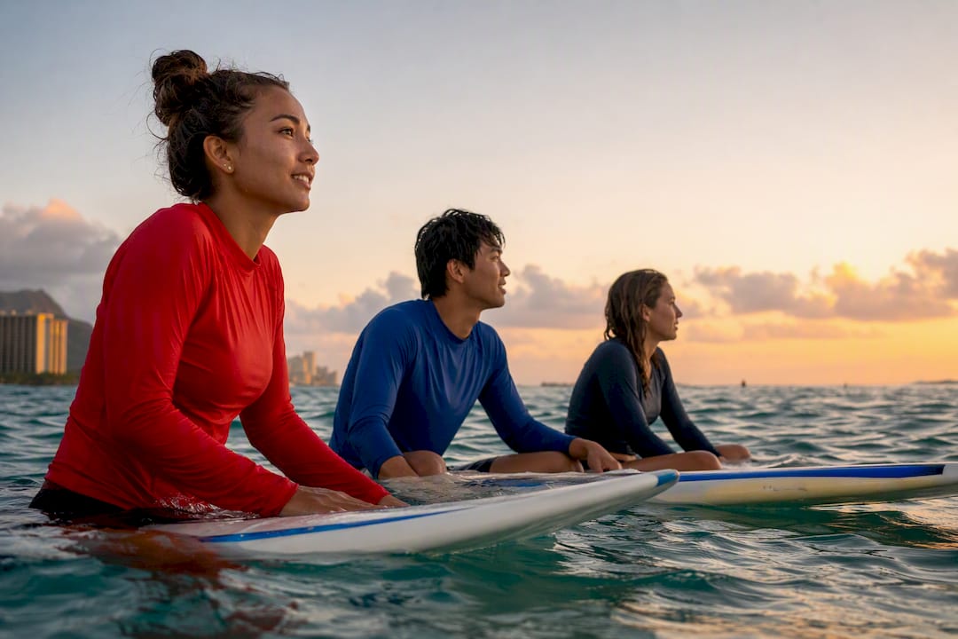 Small group of beginner surfers on boards waiting