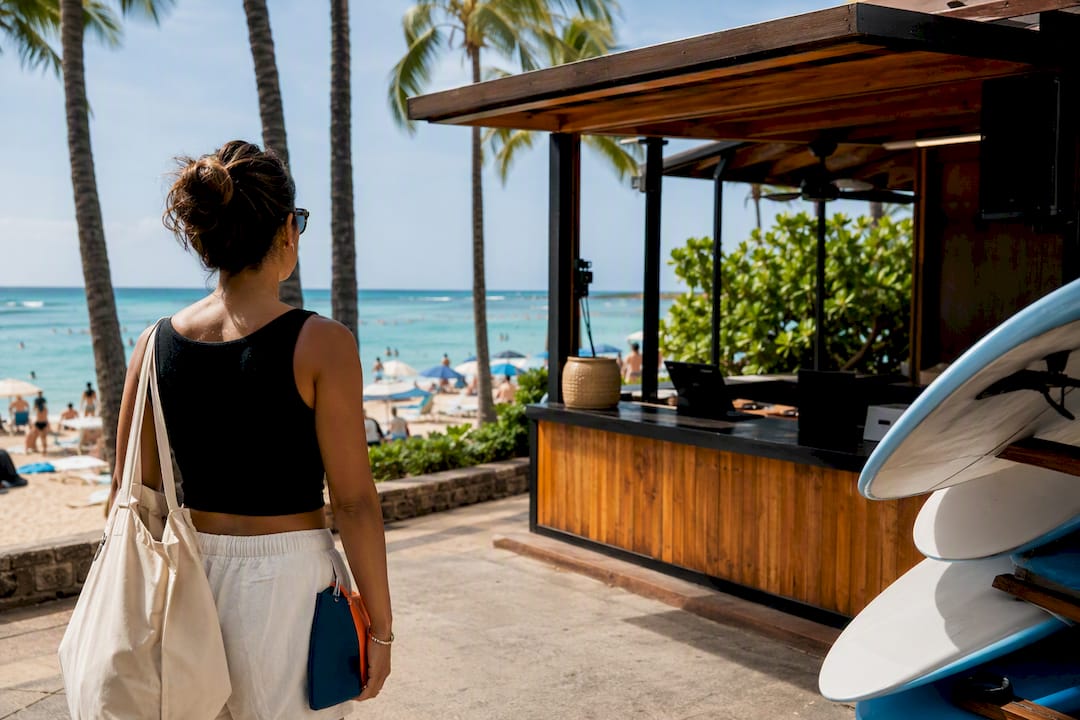 Visitor locating a Waikiki surf lesson meeting point