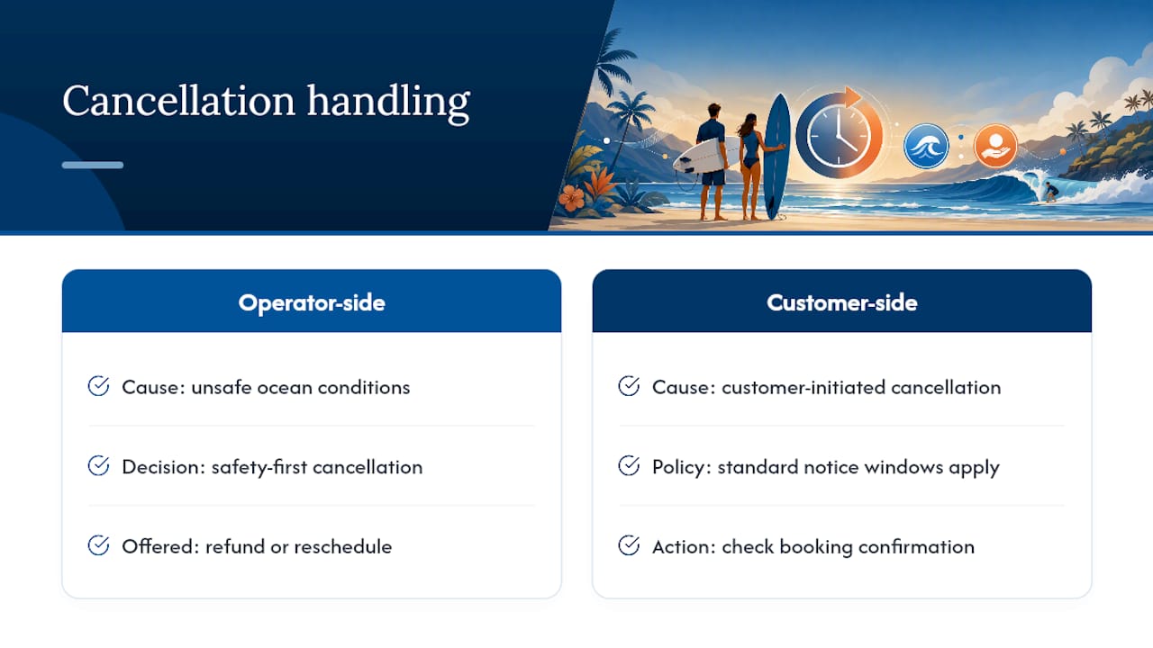 How Hans Hedemann Surf School handles cancellations and safety — overview diagram
