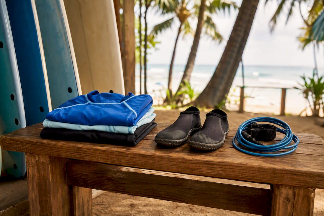 Surf lesson gear arranged at Waikiki beach