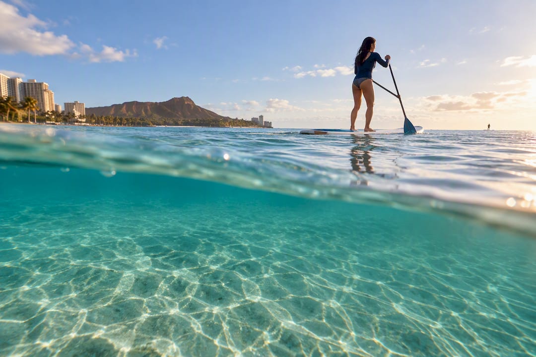 Clear gentle Waikiki water over sandy bottom