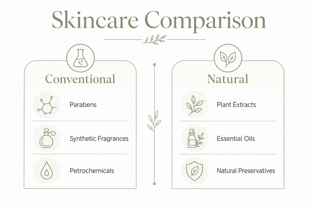 Infographic comparing conventional and natural skincare ingredients