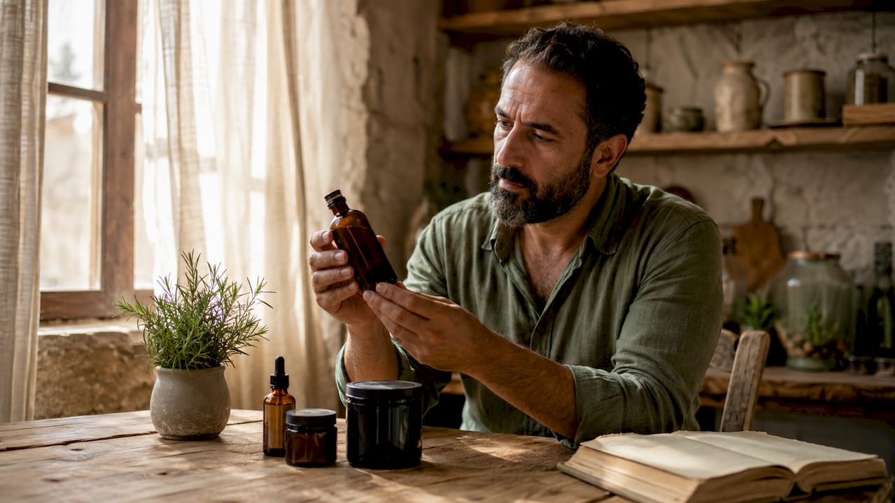 Man reading natural skincare ingredient label closely
