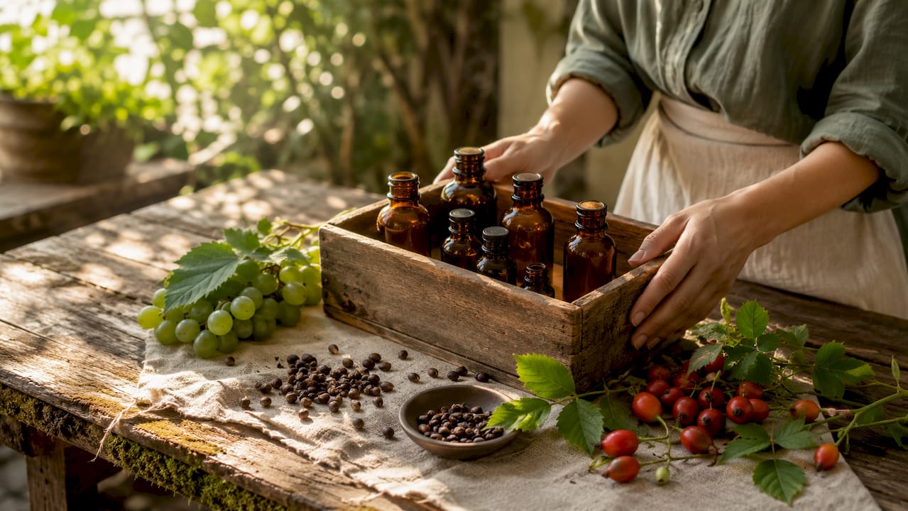 Close-up of grapeseed and rosehip oils with fresh ingredients