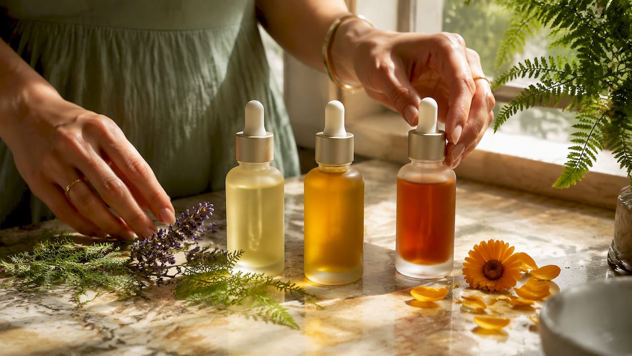 Close-up of facial oils with natural botanicals