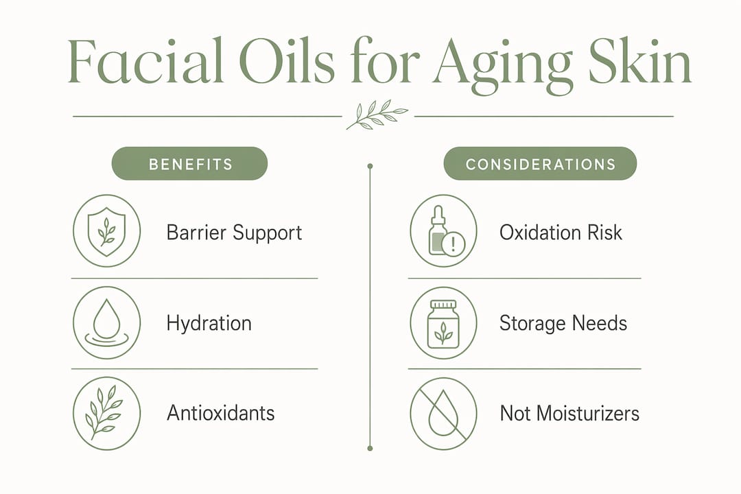 Infographic contrasting benefits and considerations of facial oils