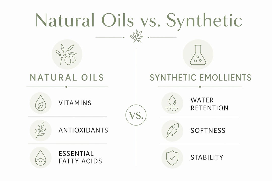 Infographic comparing natural oils and synthetic emollients