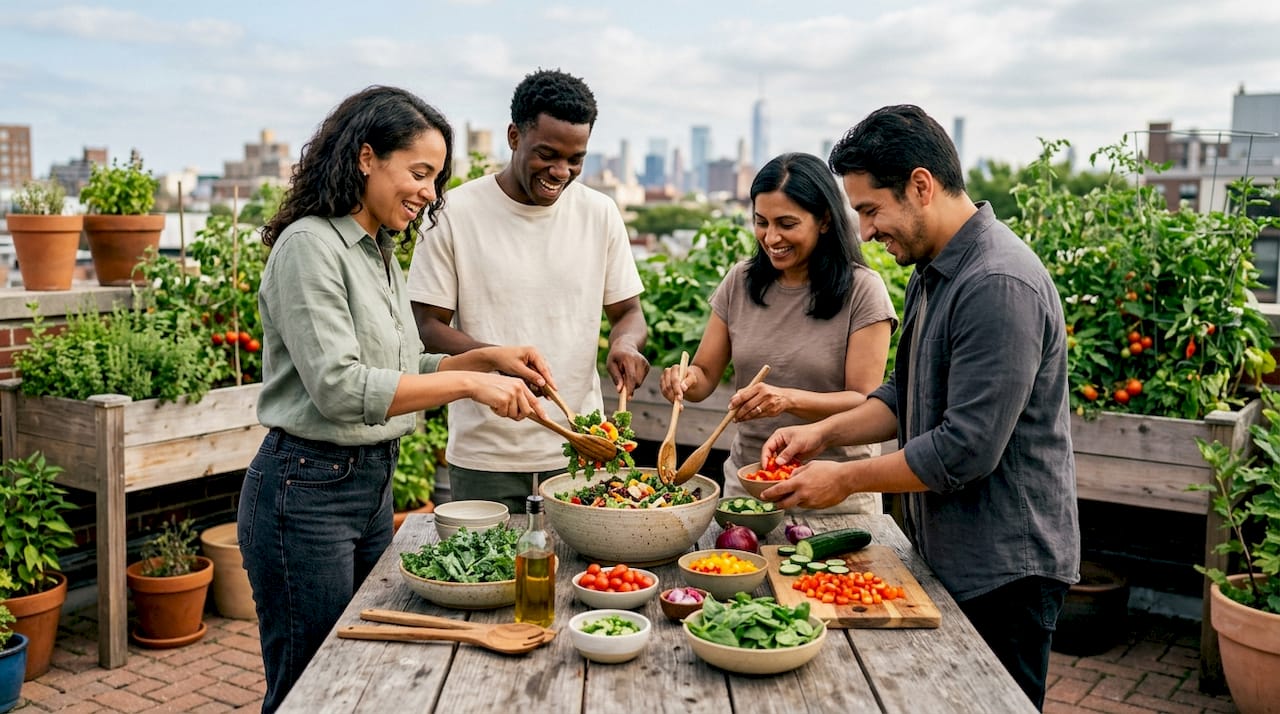 Hands preparing fresh salad supporting gut health