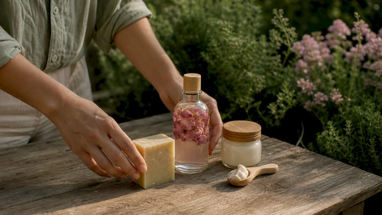 Hands holding local Lebanese natural skincare products