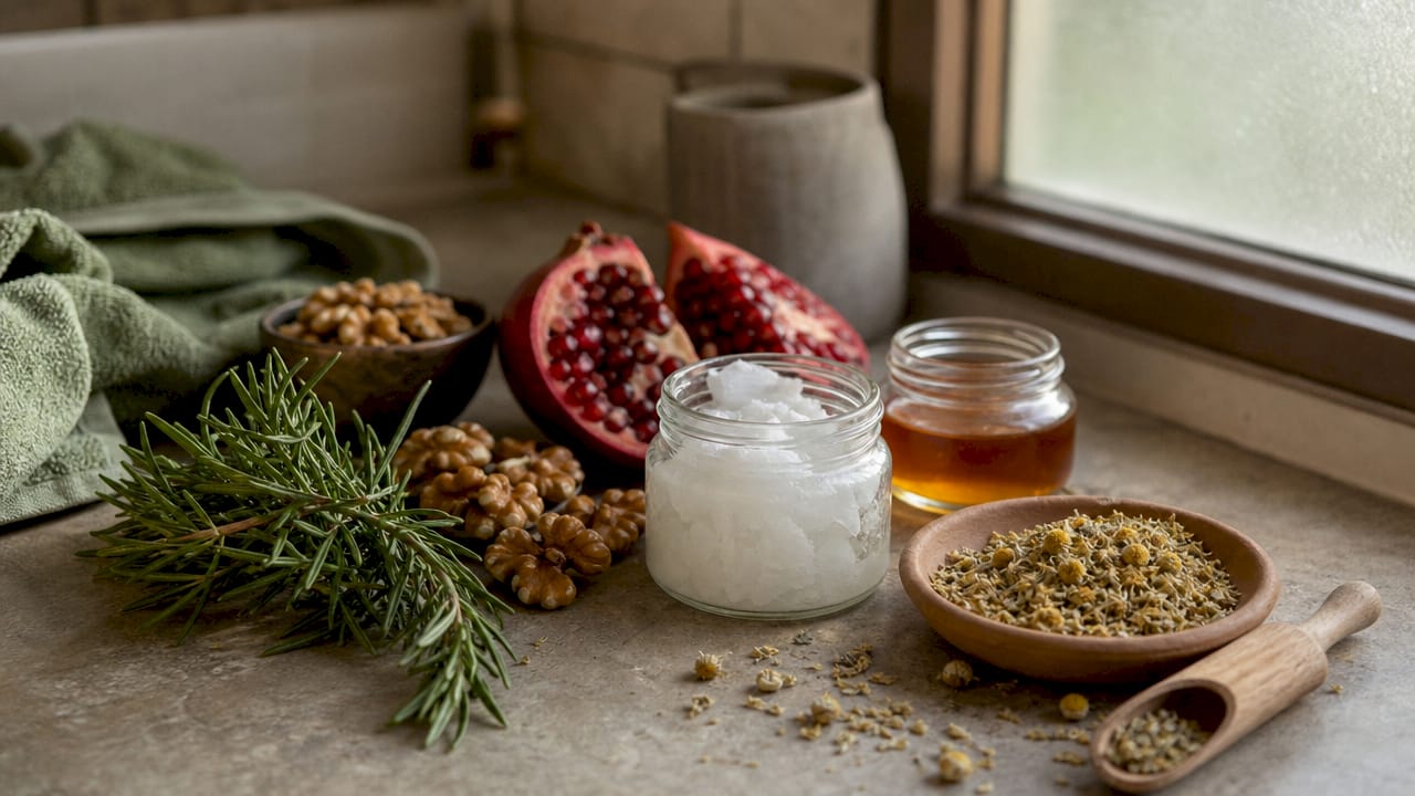 Close-up of natural skincare ingredients on wooden table