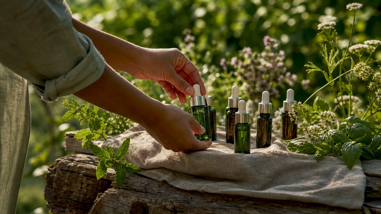 Hands choosing facial oil bottle on table