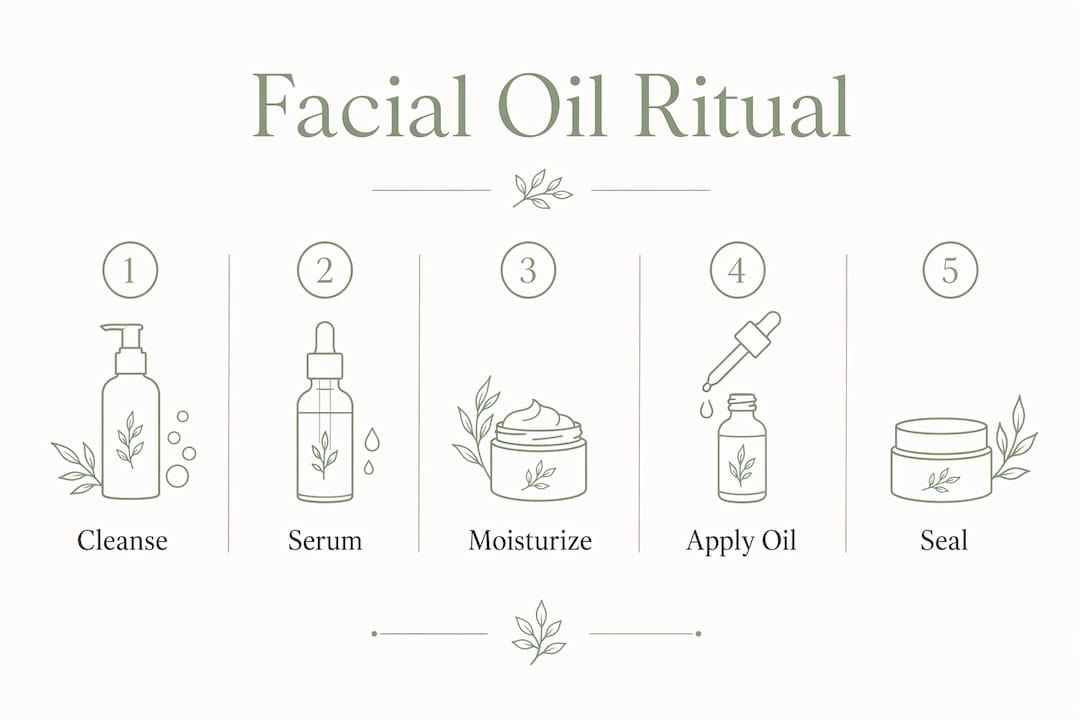 Infographic illustrating facial oil application steps