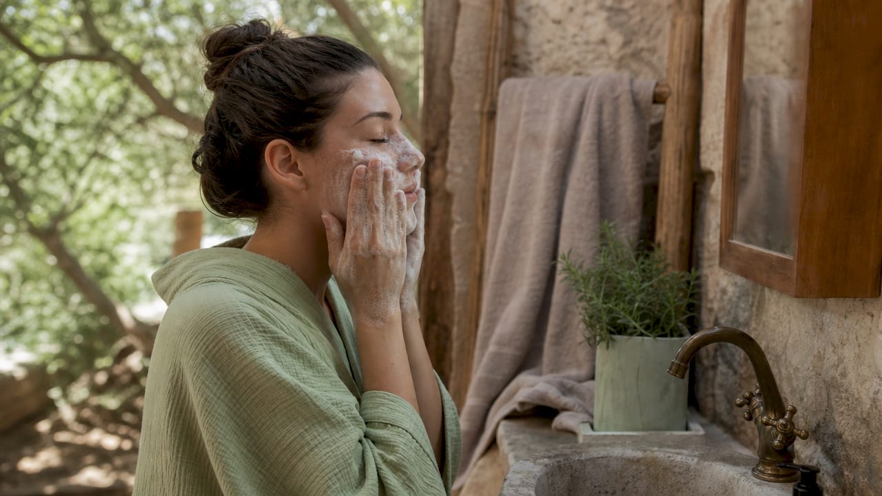 Hands applying foaming cleanser on face