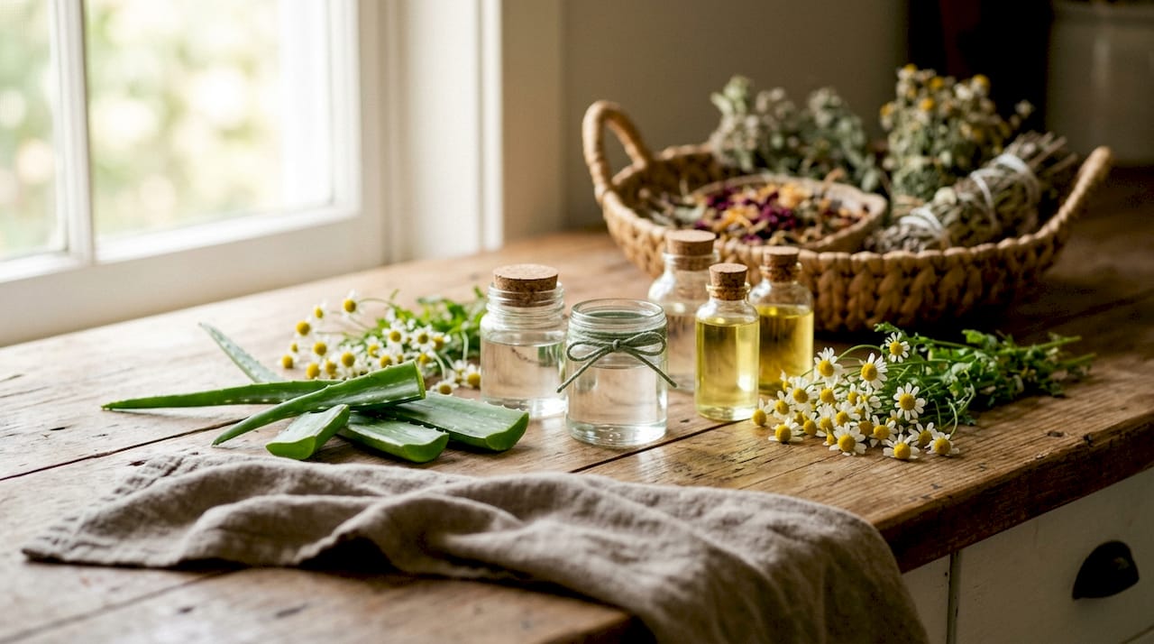 Close-up of aloe vera and chamomile skincare ingredients