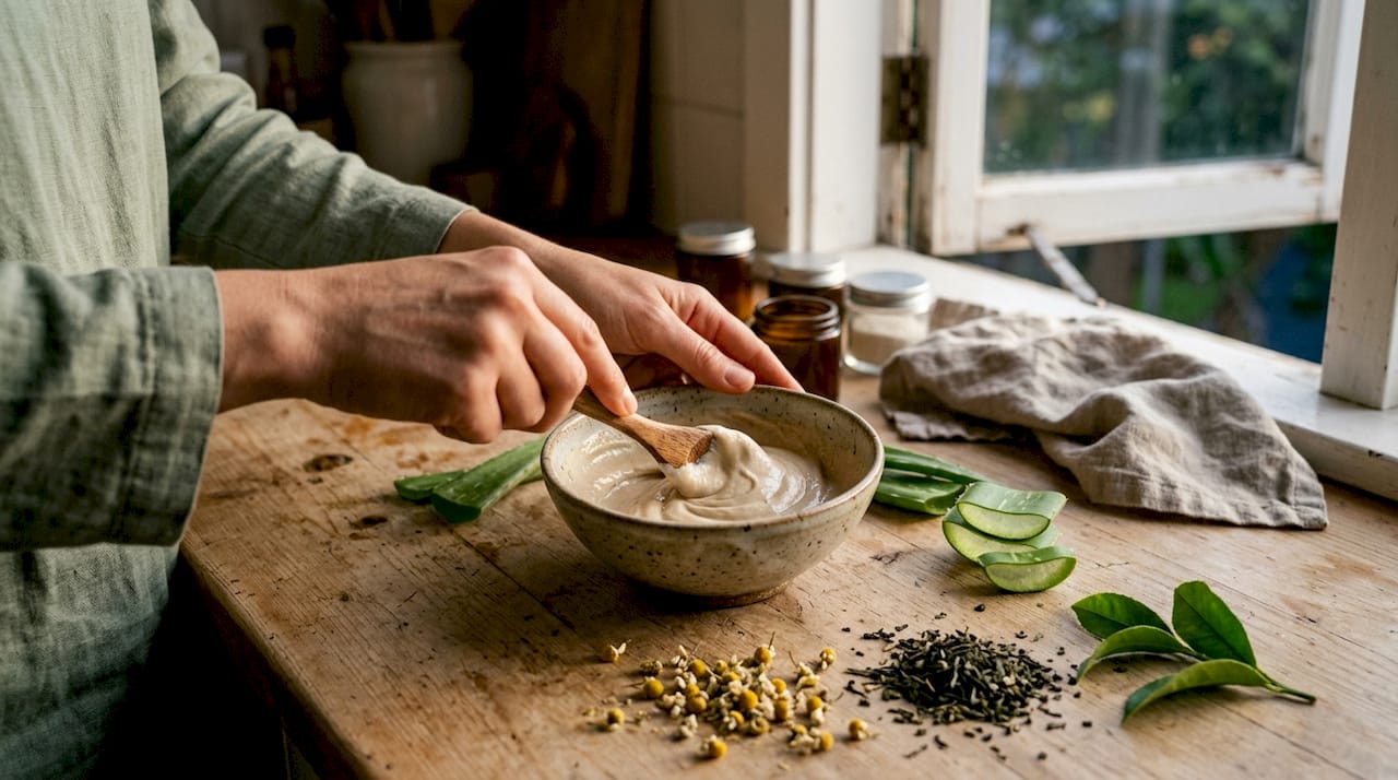 Hands mixing natural botanical skincare cream