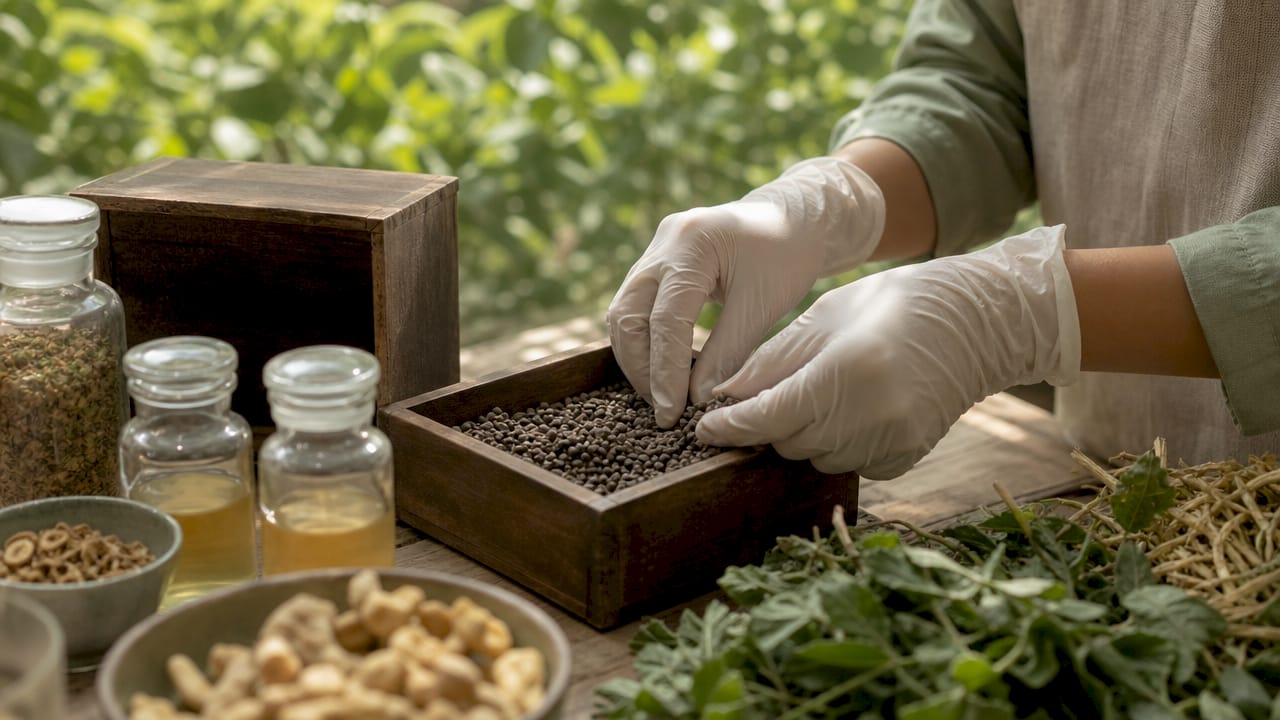 Hands selecting bakuchiol seeds for extraction