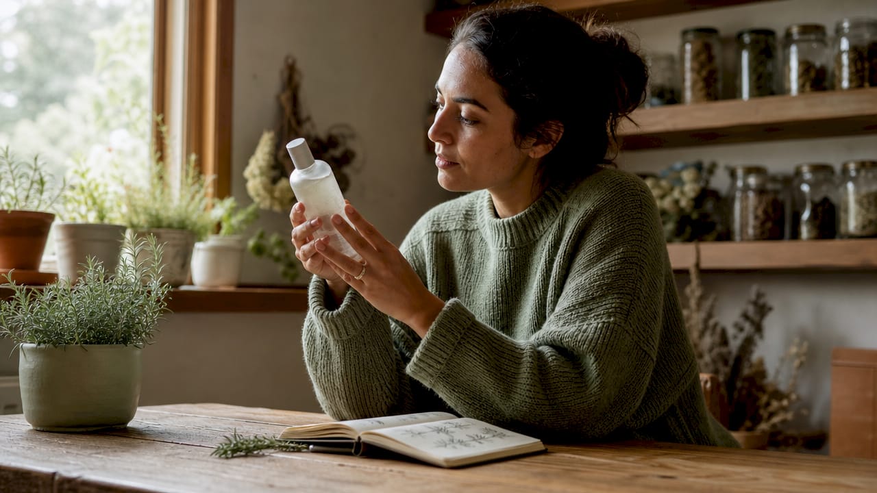 Hands examining skincare product ingredient label