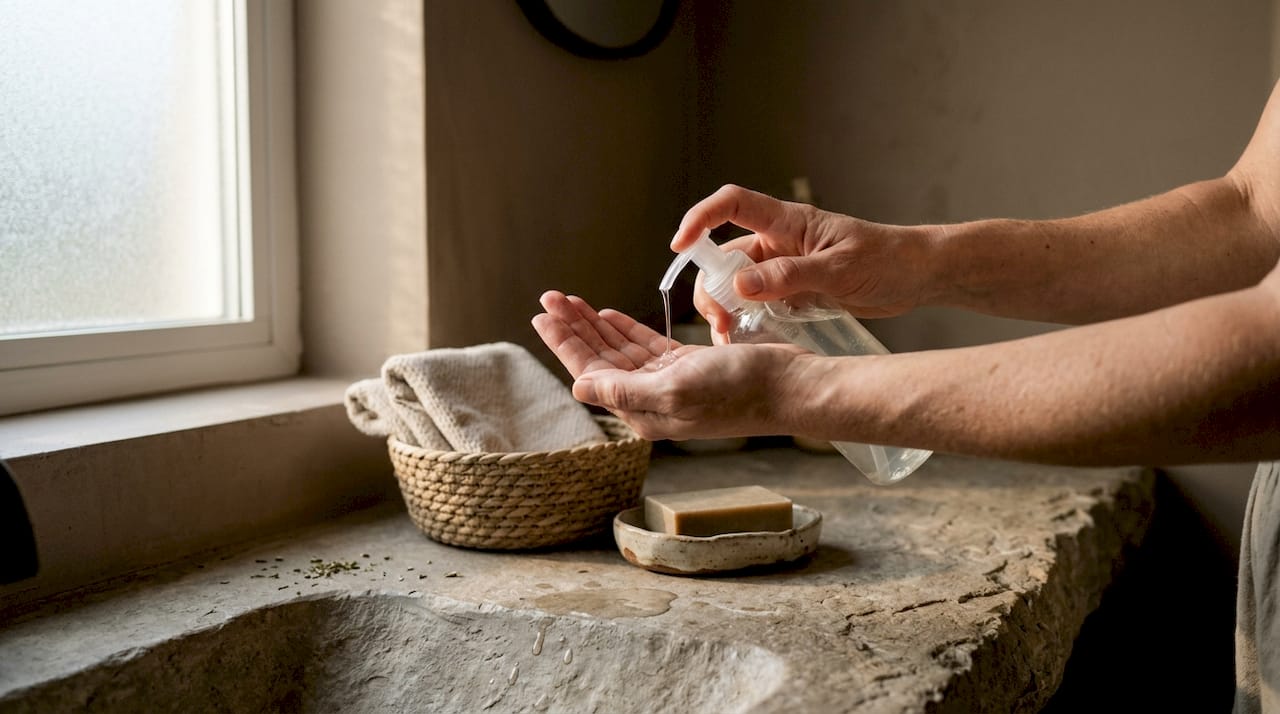 Hands dispensing gentle cleanser over sink