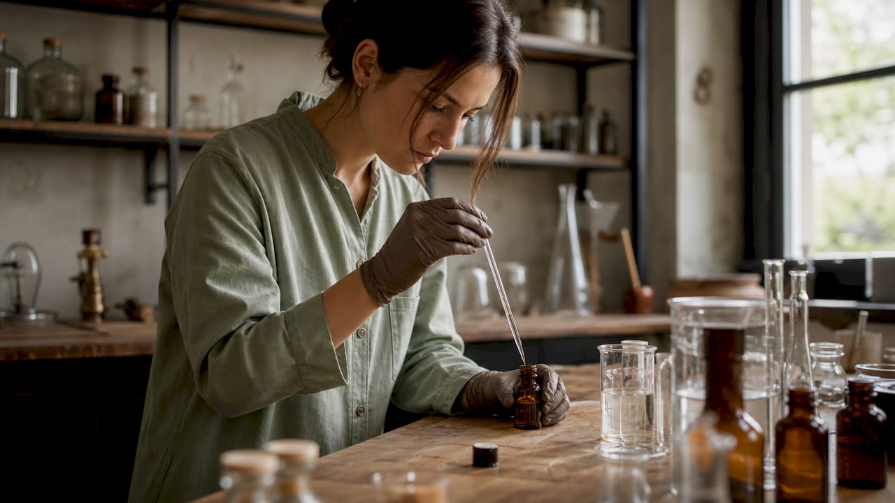 Hands measuring synthetic skincare ingredient in lab