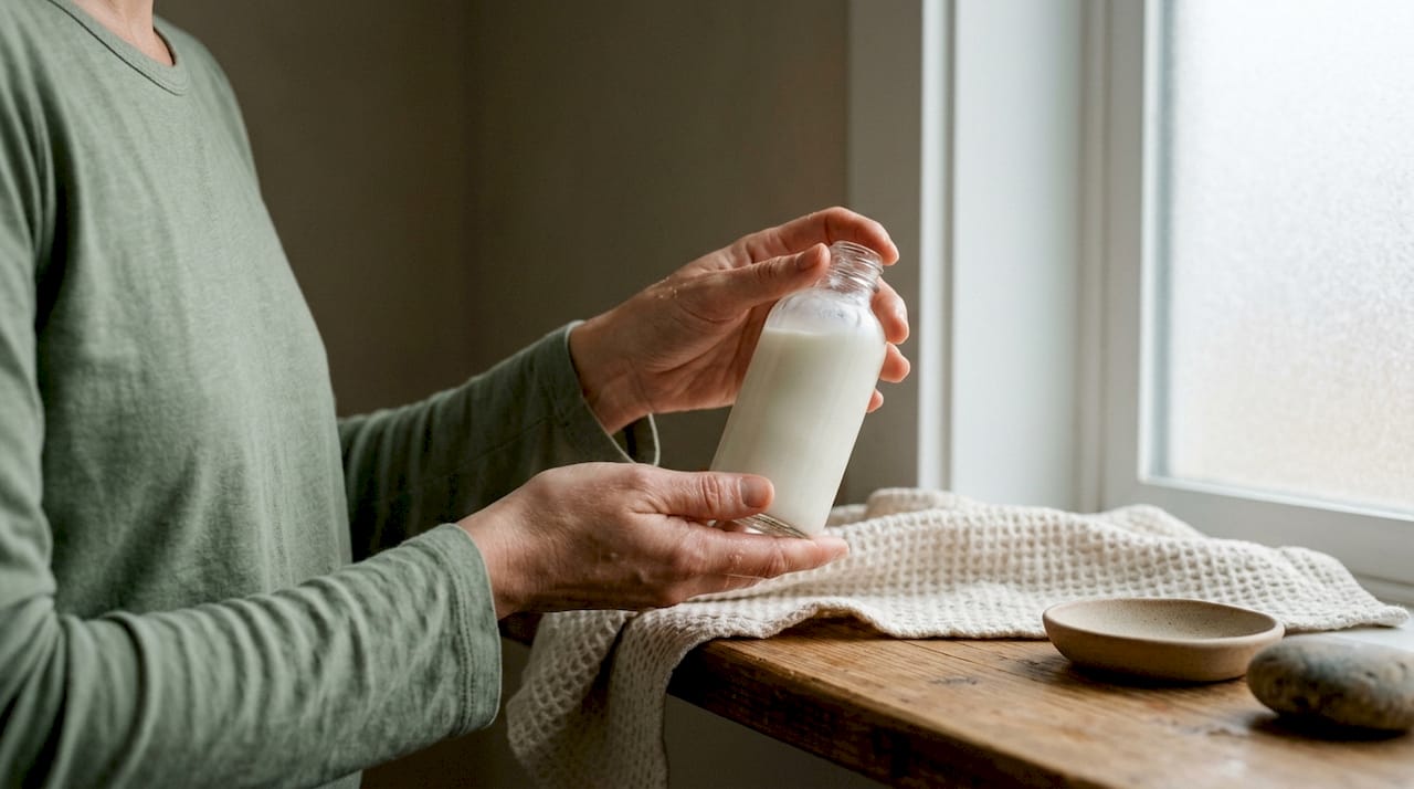 Hands applying moisturizer on damp skin over sink