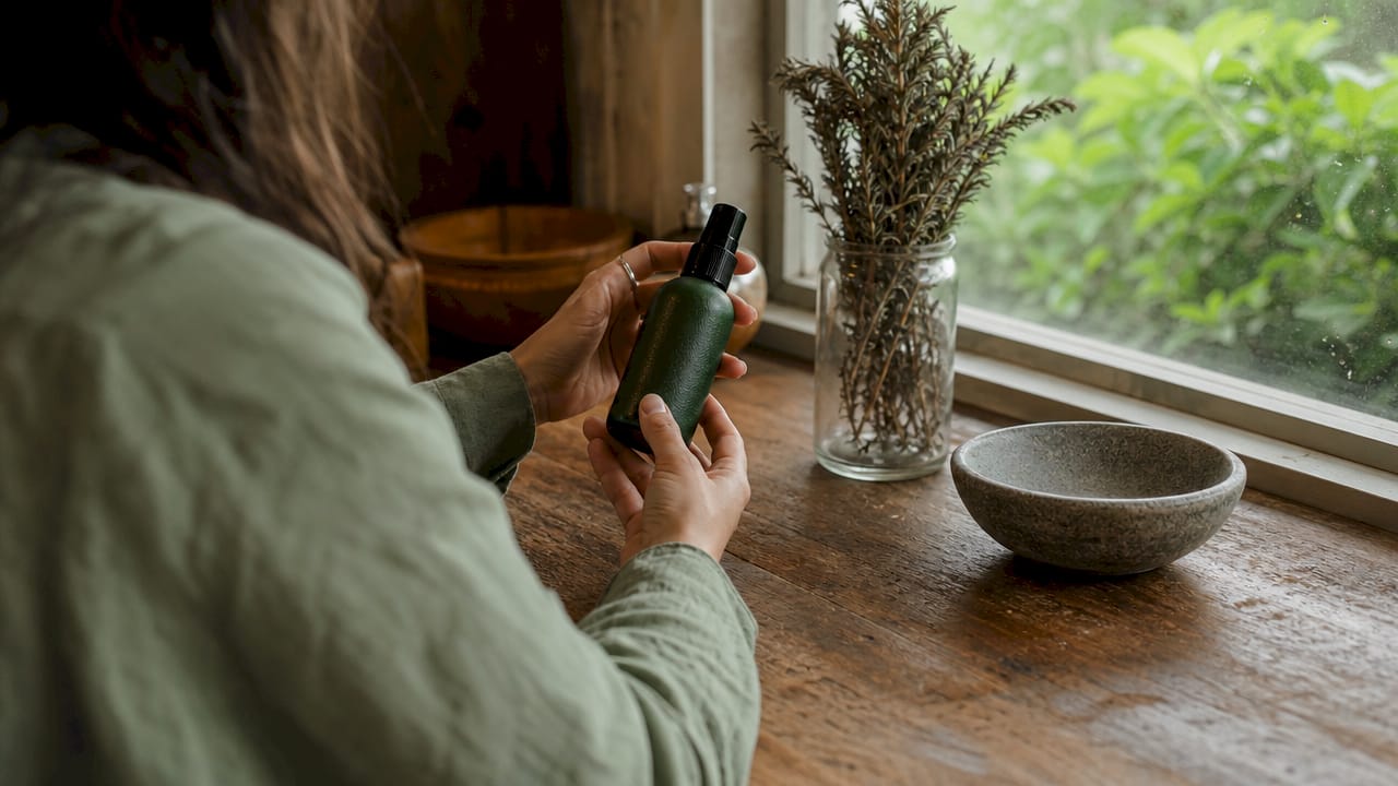 Close-up of hands inspecting skincare bottle