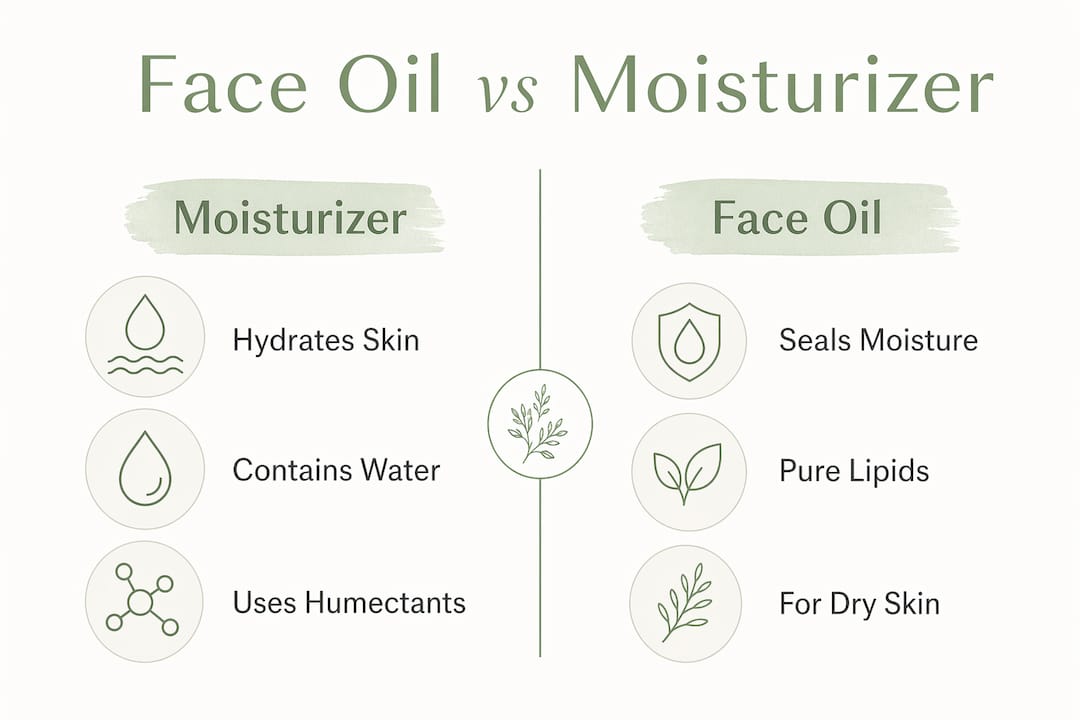 Infographic comparing face oils and moisturizers with key points