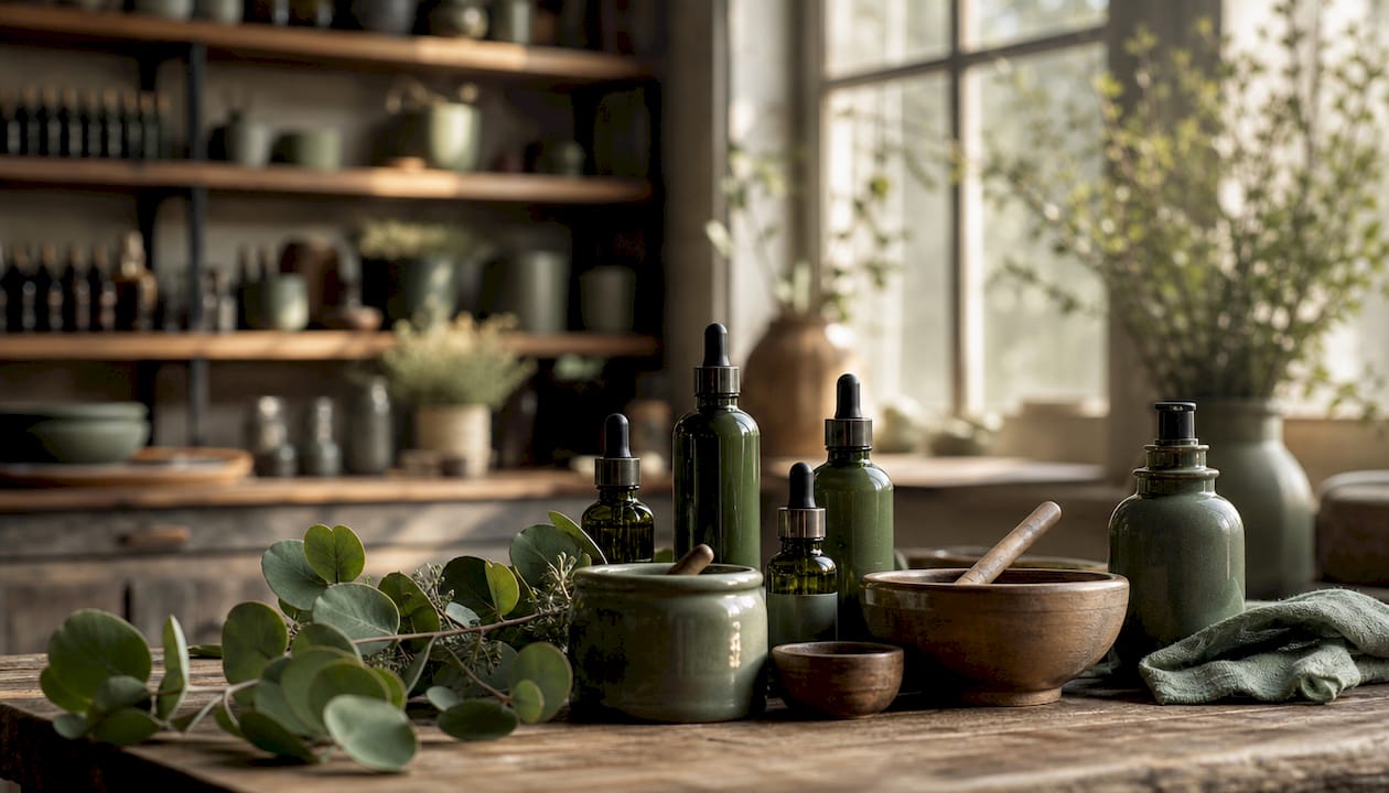 Botanical face oils and fresh eucalyptus on wooden table