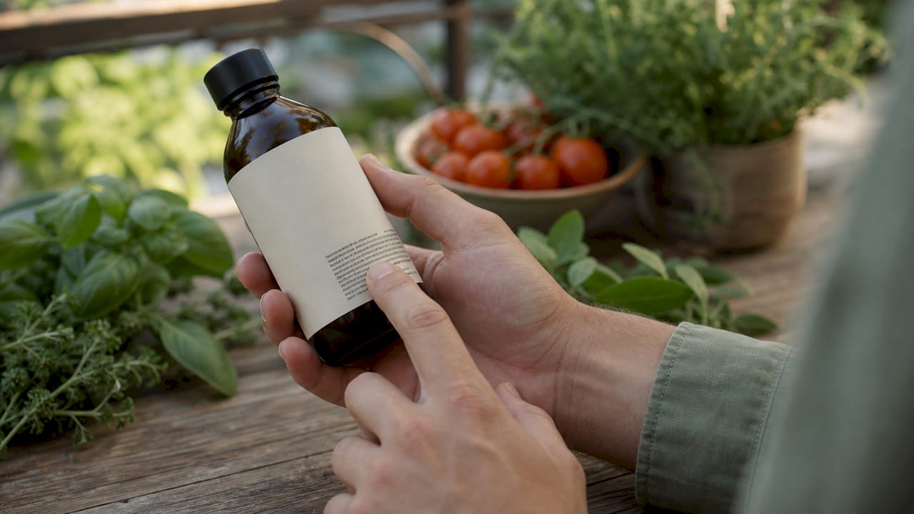 Close-up of hands reading natural cosmetics ingredient list