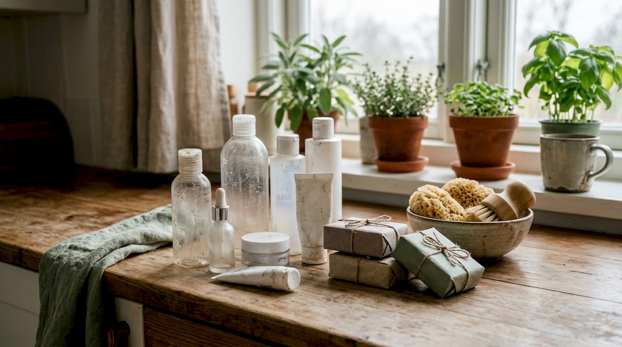 Discarded plastic skincare bottles and solid bars