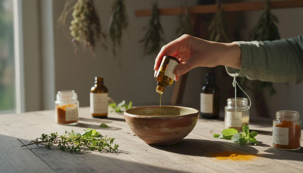 Close-up of herbal infused oil dropper hands