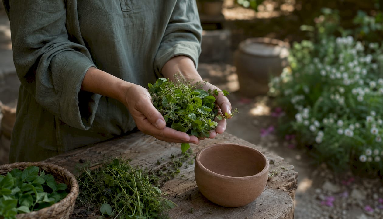 Hands holding fresh herbs over ceramic bowl