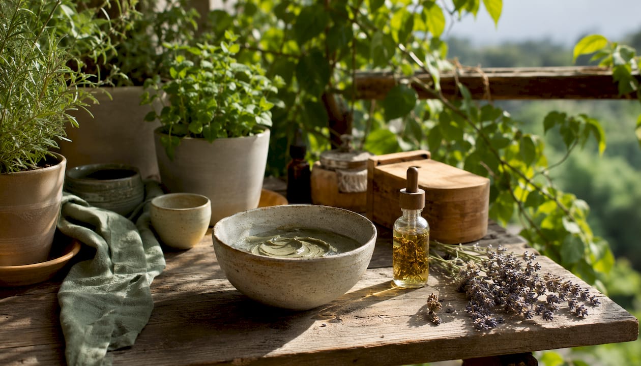 Rustic natural skincare artisanal products display