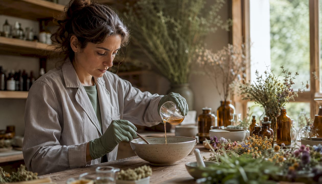 Chemist measuring wildcrafted skincare ingredients