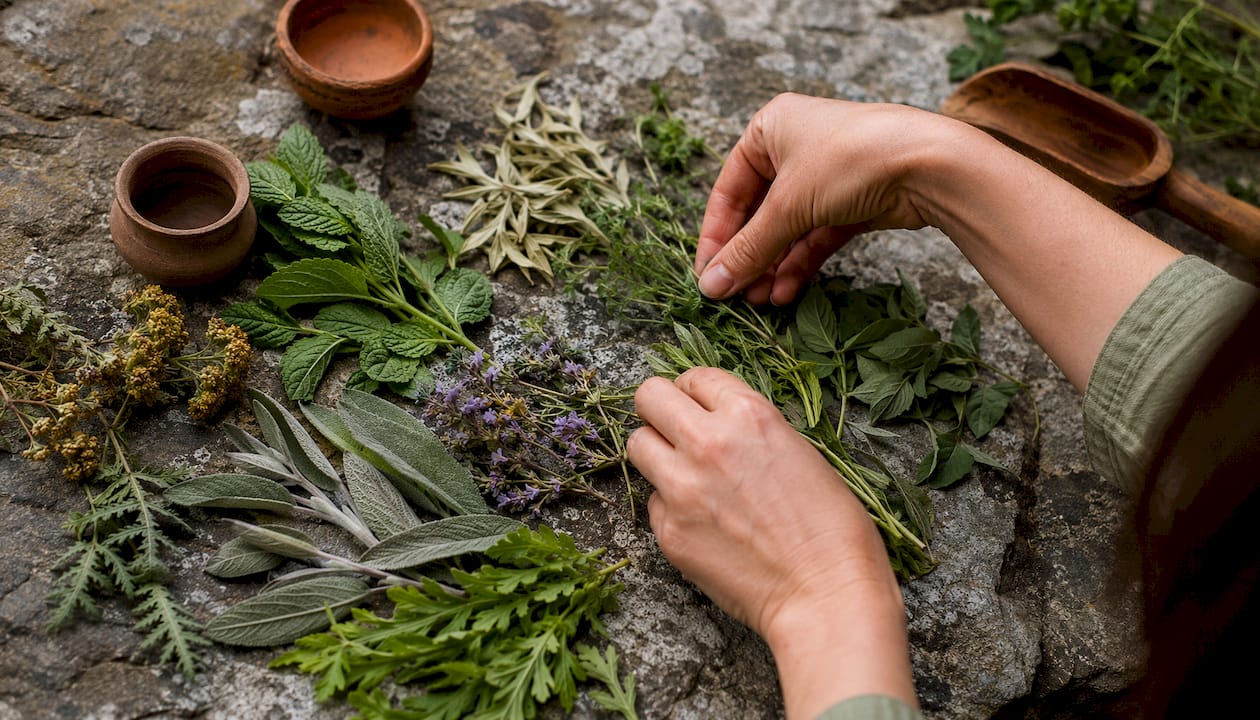 Close-up of wildcrafted plant leaves and flowers