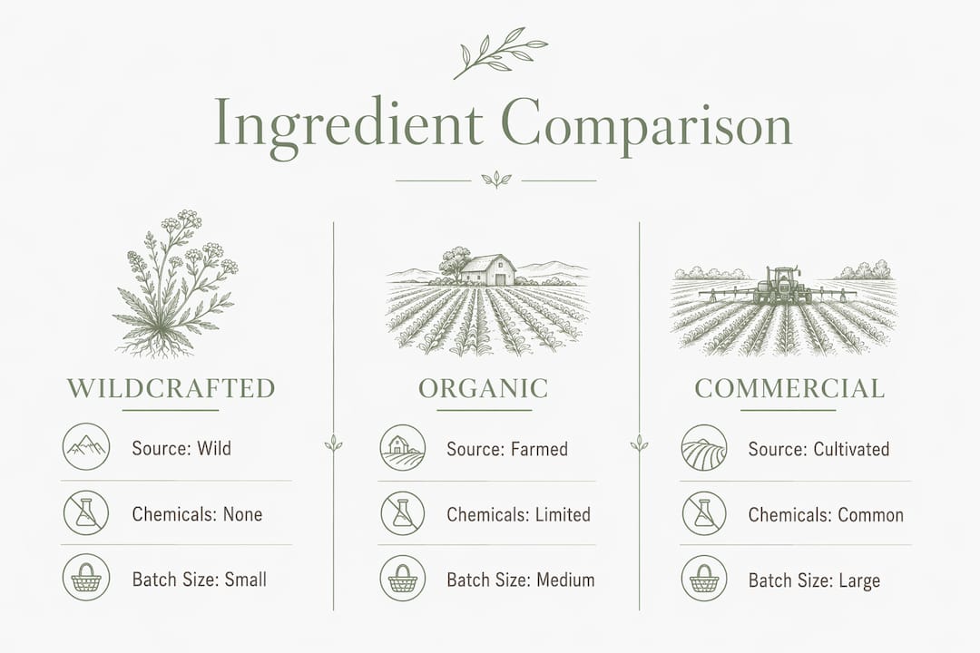 Infographic comparing wildcrafted, organic, and commercial ingredients