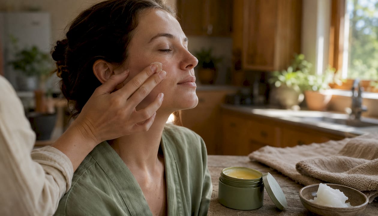 Hands applying natural arnica balm on sensitive skin