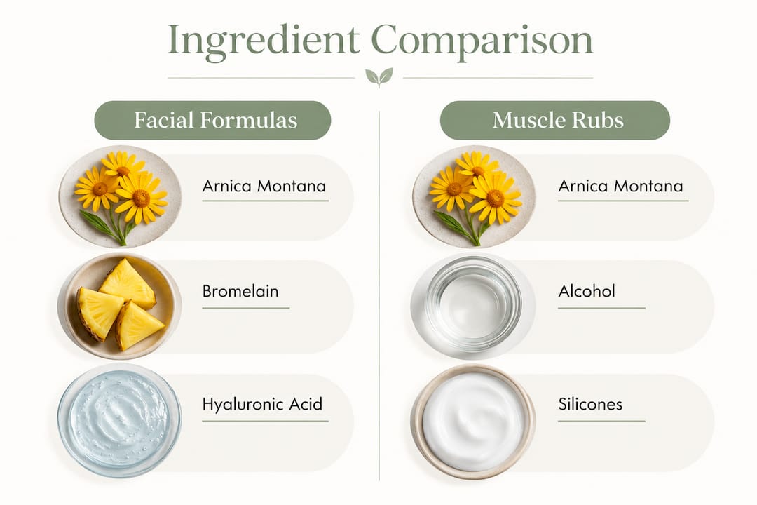 Infographic comparing facial vs muscle rub ingredients