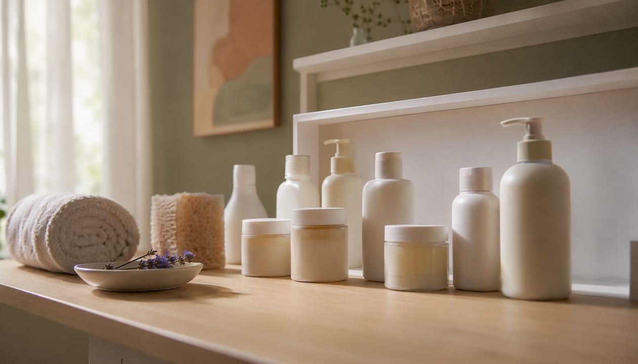 Natural baby skincare products on bathroom shelf