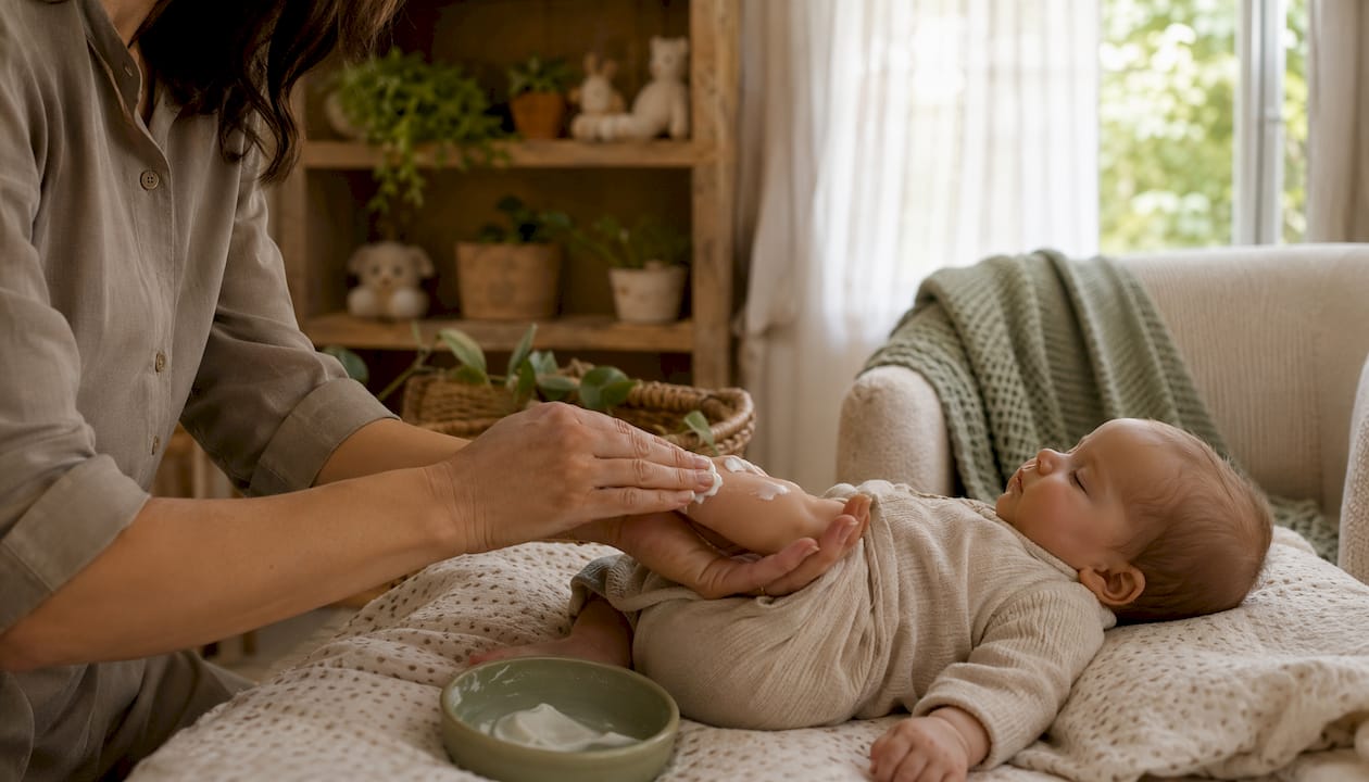 Pediatrician hands applying cream to baby model arm