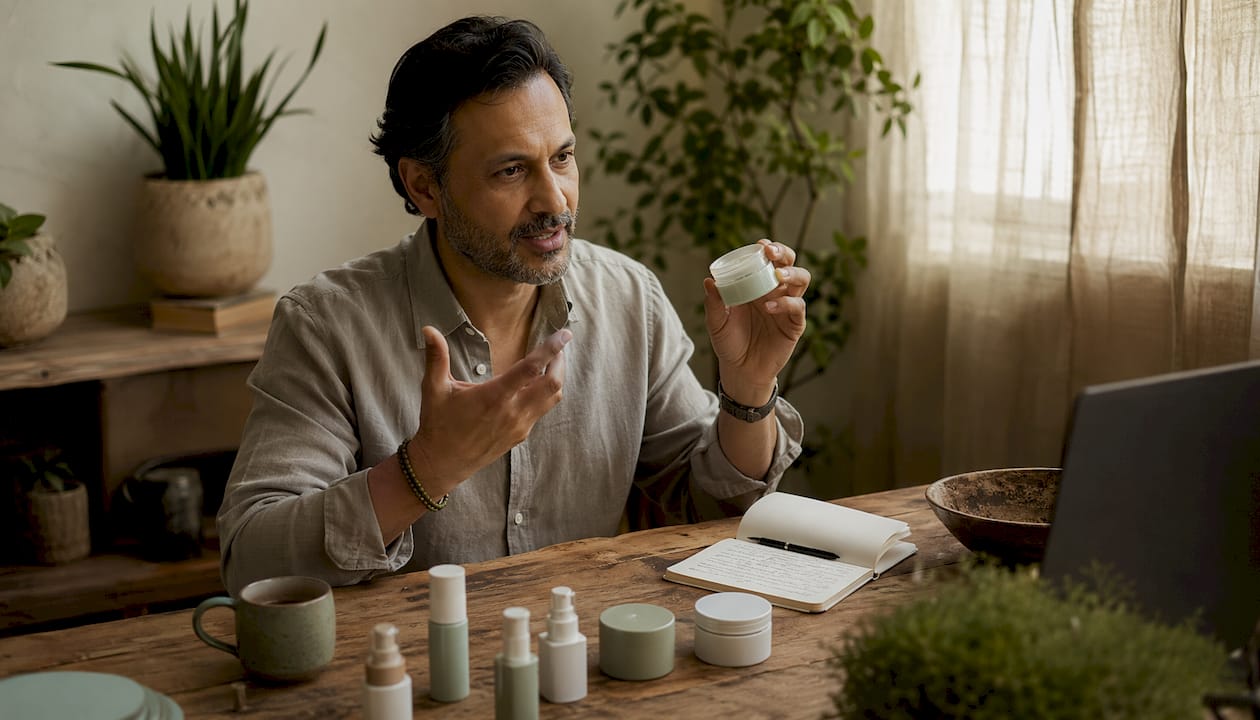 Dermatologist consulting with skincare products