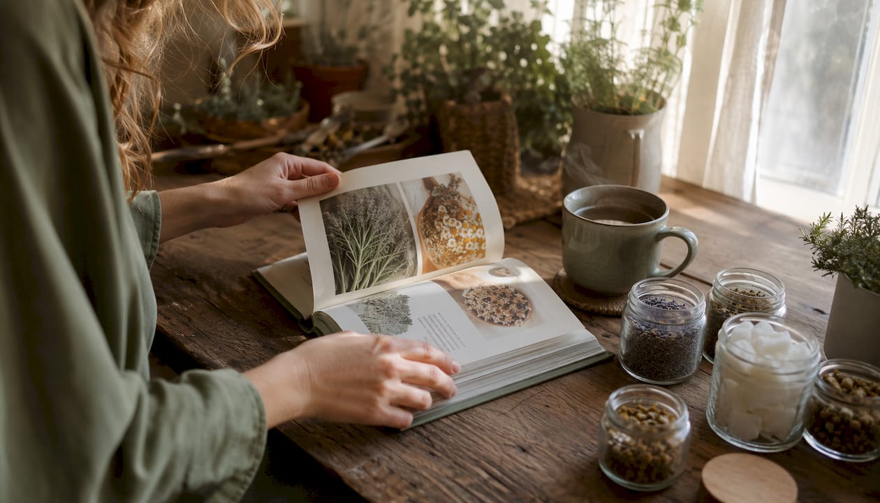 Hands turning skincare ingredient guidebook page