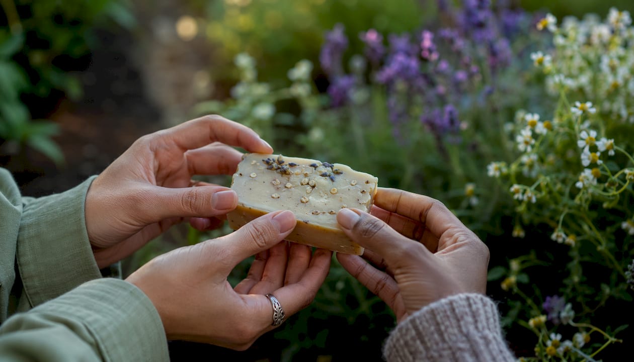 Close-up hands holding natural soap bar
