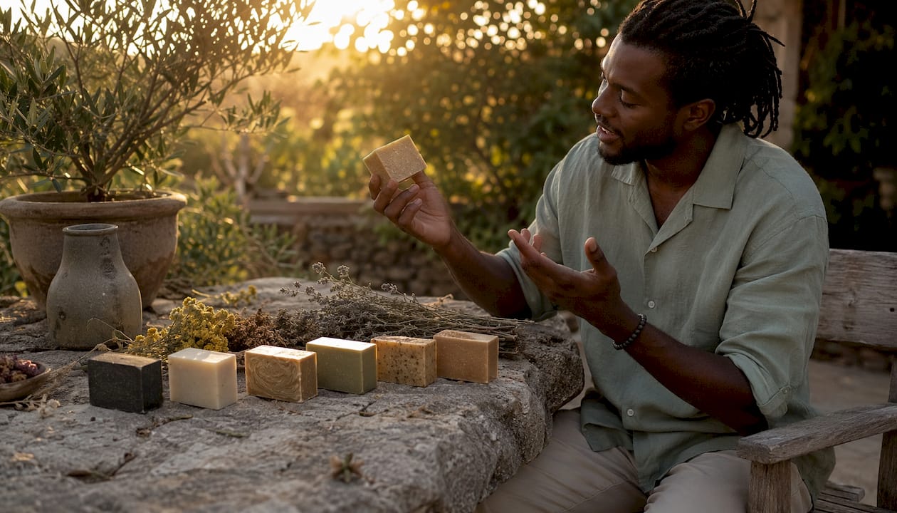 Outdoor table with diverse natural soaps and person pointing